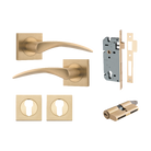Door Lever Oxford Square Rose Pair Brushed Brass H52xW52xP64mm Entrance Kit, Mortice Lock Euro Brushed Brass CTC85mm Backset 60mm, Euro Cylinder Dual Function 5 Pin Brushed Brass L65mm KA1, Escutcheon Euro Concealed Fix Square Pair Brushed Brass H… in Brushed Brass