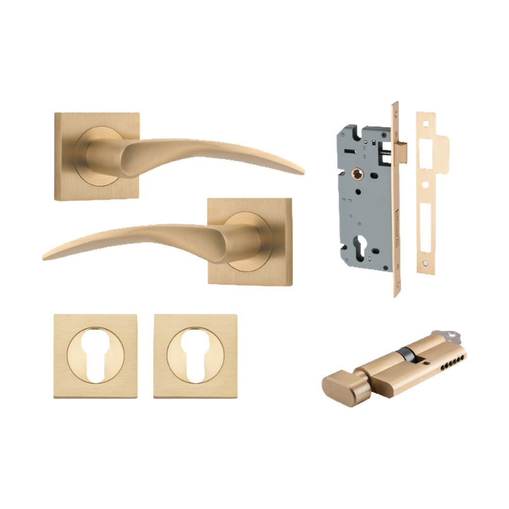Door Lever Oxford Square Rose Pair Brushed Brass H52xW52xP64mm Entrance Kit, Mortice Lock Euro Brushed Brass CTC85mm Backset 60mm, Euro Cylinder Key Thumb 6 Pin Brushed Brass L70mm  
 KA1, Escutcheon Euro Concealed Fix Square Pair Brushed Brass H5… in Brushed Brass