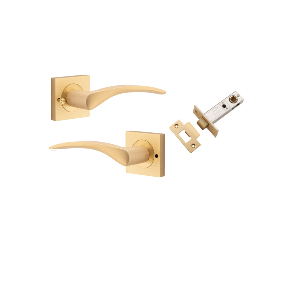 Door Lever Oxford Square Rose Inbuilt Privacy Pair Brushed Brass H52xW52xP64mm with Tube Latch Privacy with Faceplate & T Striker Backset 60mm in Brushed Brass