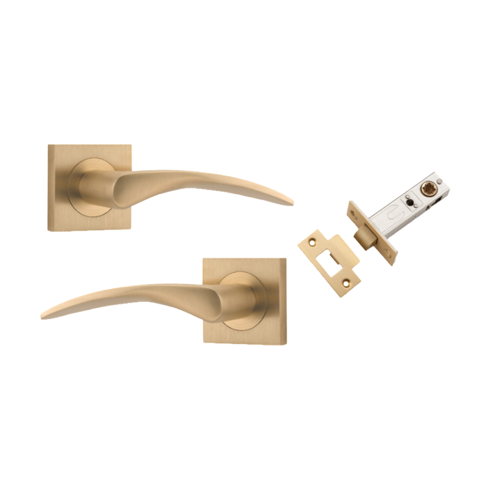 Door Lever Oxford Square Rose Pair Brushed Brass H52xW52xP64mm Passage Kit, Tube Latch Split Cam 'T' Striker Brushed Brass Backset 60mm in Brushed Brass