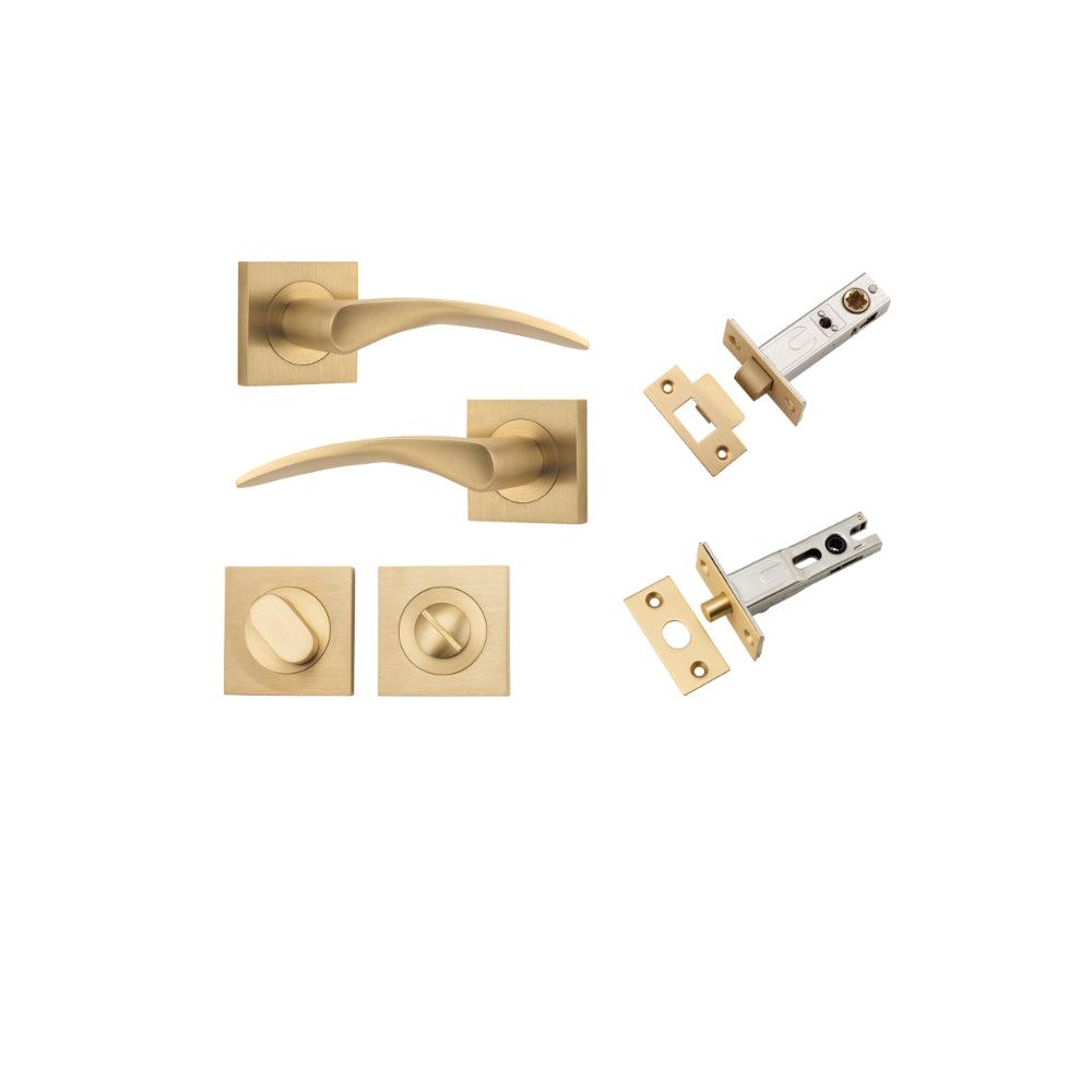 Door Lever Oxford Square Rose Pair Brushed Brass H52xW52xP64mm Privacy Kit, Tube Latch Split Cam 'T' Striker Brushed Brass Backset 60mm, Privacy Bolt Round Bolt Brushed Brass Backset 60mm, Privacy Turn Oval Concealed Fix Square Brushed Brass H52xW… in Bru