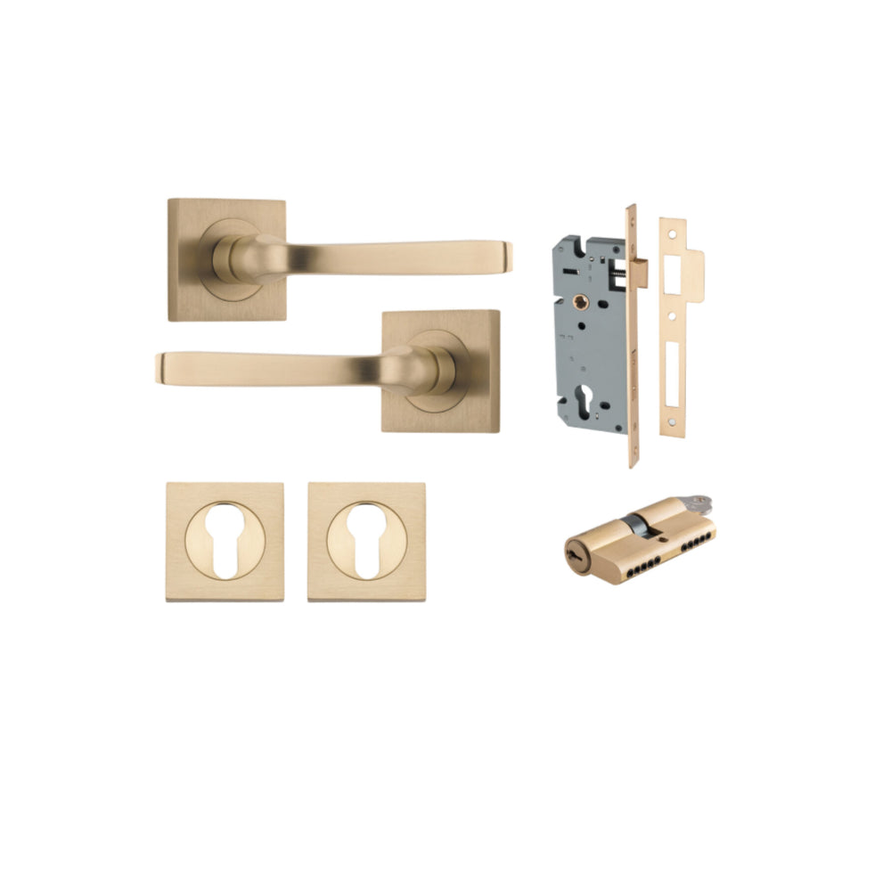 Door Lever Annecy Square Rose Pair Brushed Brass H52xW52xP65mm Entrance Kit, Mortice Lock Euro Brushed Brass CTC85mm Backset 60mm, Euro Cylinder Dual Function 5 Pin Brushed Brass L65mm KA1, Escutcheon Euro Concealed Fix Square Pair Brushed Brass H… in Bru