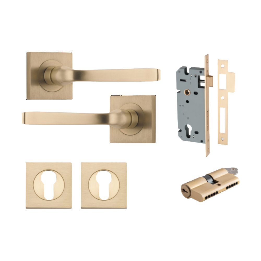 Door Lever Annecy Square Rose Pair Brushed Brass H52xW52xP65mm Entrance Kit, Mortice Lock Euro Brushed Brass CTC85mm Backset 60mm, Euro Cylinder Dual Function 5 Pin Brushed Brass L65mm KA1, Escutcheon Euro Concealed Fix Square Pair Brushed Brass H… in Brushed Brass