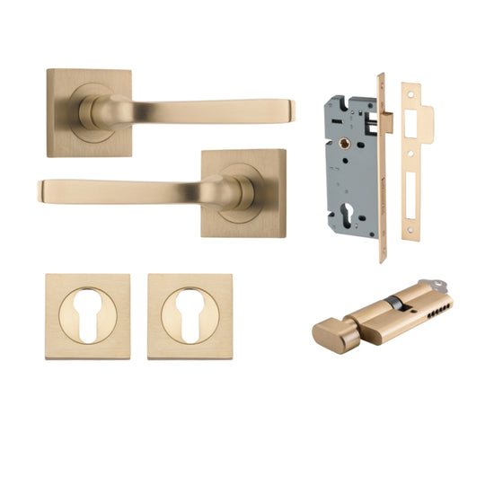 Door Lever Annecy Square Rose Pair Brushed Brass H52xW52xP65mm Entrance Kit, Mortice Lock Euro Brushed Brass CTC85mm Backset 60mm, Euro Cylinder Key Thumb 6 Pin Brushed Brass L70mm  

 KA1, Escutcheon Euro Concealed Fix Square Pair Brushed Brass H5… in Br