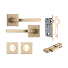 Door Lever Annecy Square Rose Pair Brushed Brass H52xW52xP65mm Entrance Kit, Mortice Lock Euro Brushed Brass CTC85mm Backset 60mm, Euro Cylinder Key Thumb 6 Pin Brushed Brass L70mm  
 KA1, Escutcheon Euro Concealed Fix Square Pair Brushed Brass H5… in Brushed Brass