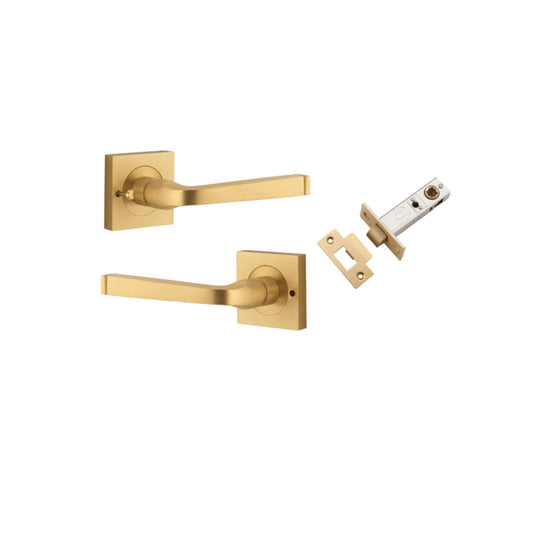 Door Lever Annecy Square Rose Inbuilt Privacy Pair Brushed Brass H52xW52xP65mm with Tube Latch Privacy with Faceplate & T Striker Backset 60mm in Brushed Brass