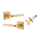 Door Lever Annecy Square Rose Inbuilt Privacy Pair Brushed Brass H52xW52xP65mm with Tube Latch Privacy with Faceplate & T Striker Backset 60mm in Brushed Brass