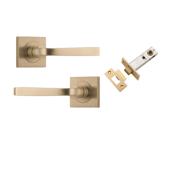Door Lever Annecy Square Rose Pair Brushed Brass H52xW52xP65mm Passage Kit, Tube Latch Split Cam 'T' Striker Brushed Brass Backset 60mm in Brushed Brass