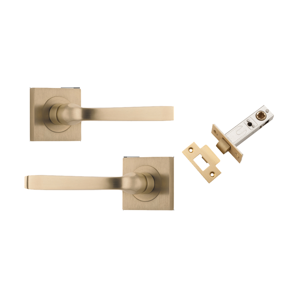 Door Lever Annecy Square Rose Pair Brushed Brass H52xW52xP65mm Passage Kit, Tube Latch Split Cam 'T' Striker Brushed Brass Backset 60mm in Brushed Brass