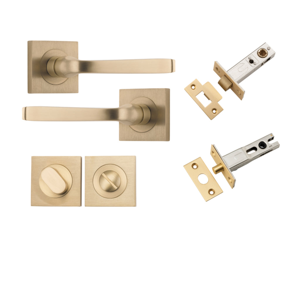 Door Lever Annecy Square Rose Pair Brushed Brass H52xW52xP65mm Privacy Kit, Tube Latch Split Cam 'T' Striker Brushed Brass Backset 60mm, Privacy Bolt Round Bolt Brushed Brass Backset 60mm, Privacy Turn Oval Concealed Fix Square Brushed Brass H52xW… in Bru