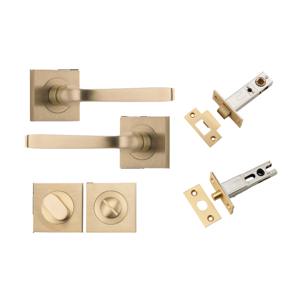 Door Lever Annecy Square Rose Pair Brushed Brass H52xW52xP65mm Privacy Kit, Tube Latch Split Cam 'T' Striker Brushed Brass Backset 60mm, Privacy Bolt Round Bolt Brushed Brass Backset 60mm, Privacy Turn Oval Concealed Fix Square Brushed Brass H52xW… in Brushed Brass