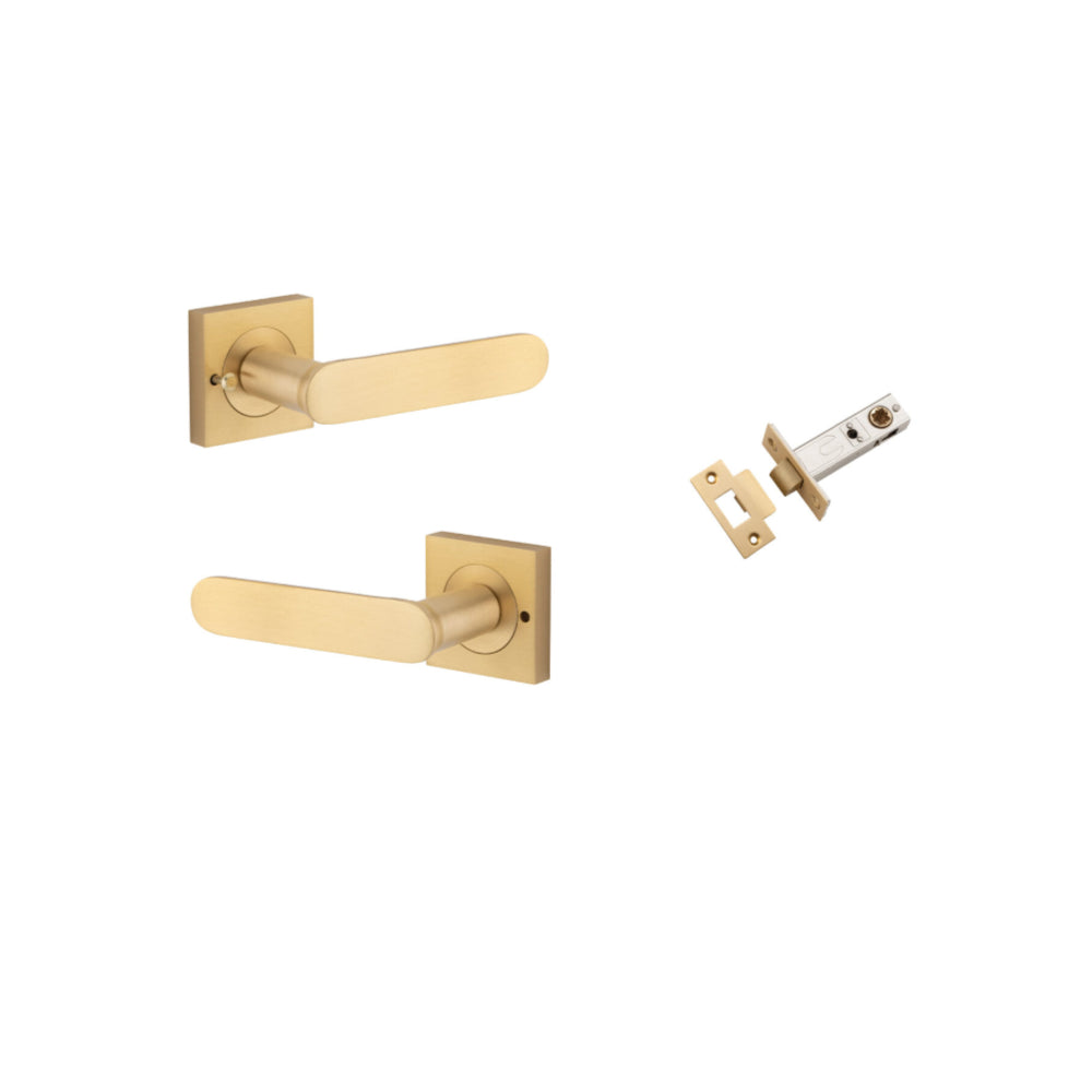 Door Lever Bronte Rose Square Brushed Brass L117xP56mm BPH52xW52mm Inbuilt Privacy Kit, Tube Latch Privacy with Faceplate & T striker Backset 60mm in Brushed Brass
