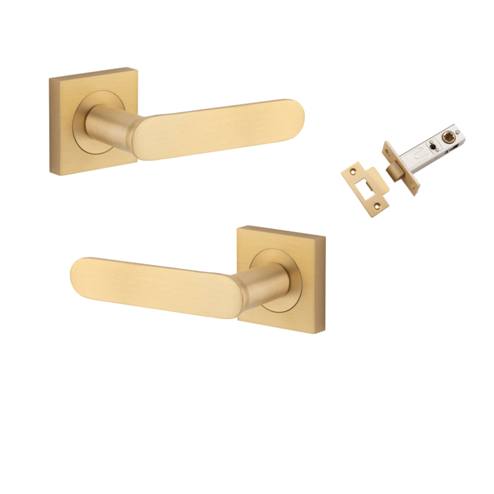 Door Lever Bronte Rose Square Brushed Brass L117xP56mm BPH52xW52mm Passage Kit, Tube Latch Split Cam 'T' Striker Brushed Brass Backset 60mm in Brushed Brass