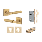 Door Lever Berlin Rose Square Pair Brushed Brass L120xP60mm BPH52xW52mm, Mortice Lock Euro Brushed Brass CTC85mm Backset 60mm, Euro Cylinder Dual Function 5 Pin Brushed Brass 65mm KA4, Escutcheon Euro Concealed Fix Square Pair H52xW52xP10mm in Brushed Brass