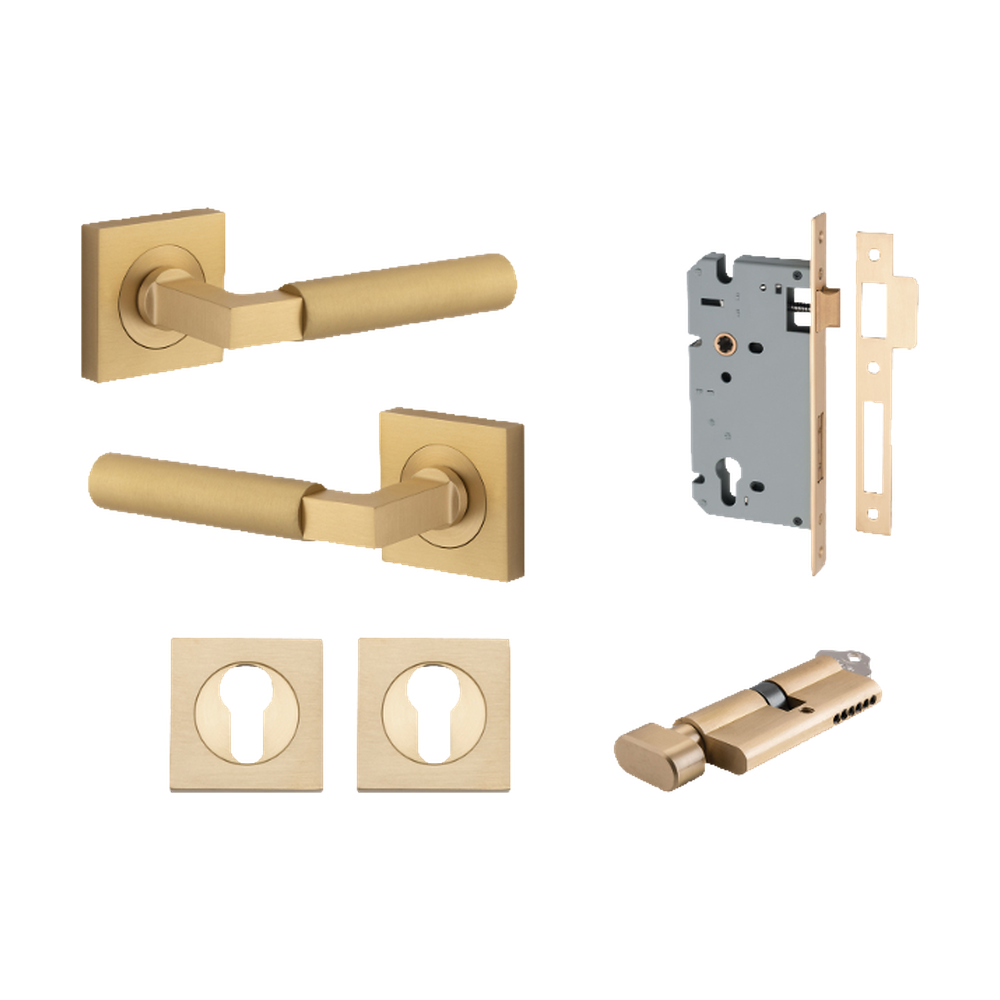 Door Lever Berlin Rose Square Pair Brushed Brass L120xP60mm BPH52xW52mm, Mortice Lock Euro Brushed Brass CTC85mm Backset 60mm, Euro Cylinder Key Thumb 5 Pin Brushed Brass 65mm KA4, Escutcheon Euro Concealed Fix Square Pair Brushed Brass H52xW52xP10mm in Brushed Brass