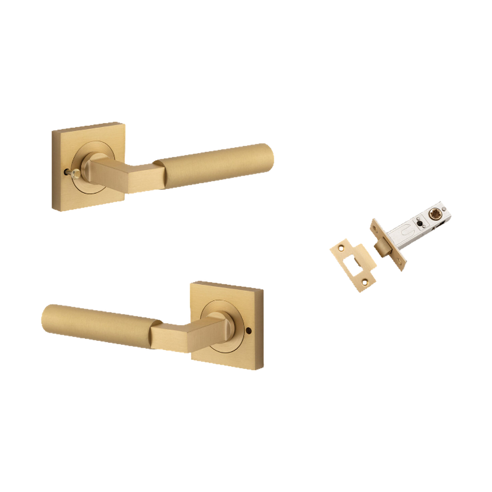 Door Lever Berlin Rose Square Brushed Brass L120xP60mm BPH52xW52mm Inbuilt Privacy Kit, Tube Latch Privacy with Faceplate & T striker Backset 60mm in Brushed Brass