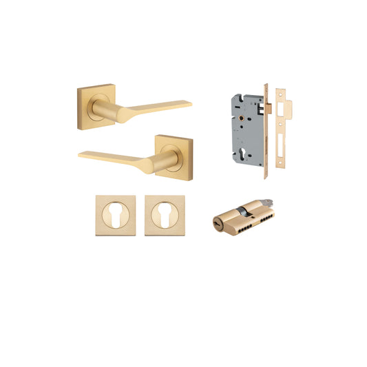 Door Lever Como Rose Square Pair Brushed Brass L119xP62mm BPH52xW52mm, Mortice Lock Euro Brushed Brass CTC85mm Backset 60mm, Euro Cylinder Dual Function 5 Pin Brushed Brass 65mm KA4, Escutcheon Euro Concealed Fix Square Pair H52xW52xP10mm in Brushed Brass