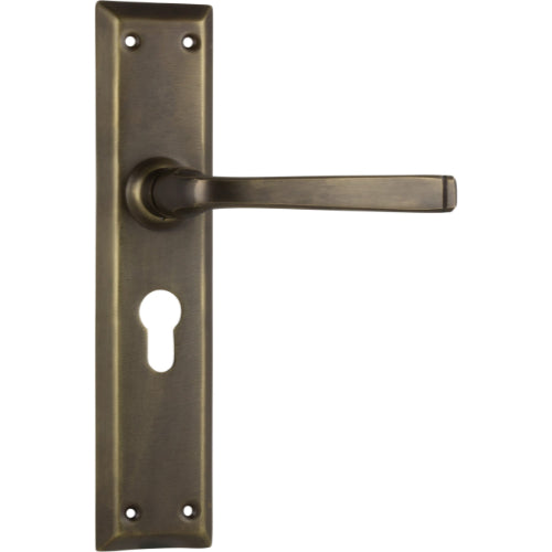 Door Lever Menton Euro Pair Antique Brass H225xW50xP75mm in Antique Brass