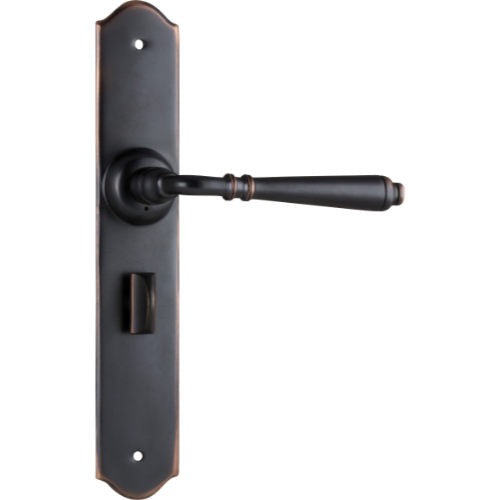 Pair of Tradco Reims lever door handles on long backplates, showing polished brass finish and classic design.