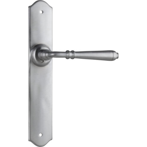 Pair of Tradco Reims lever door handles with long backplates, featuring a sleek, modern design in a brushed finish.