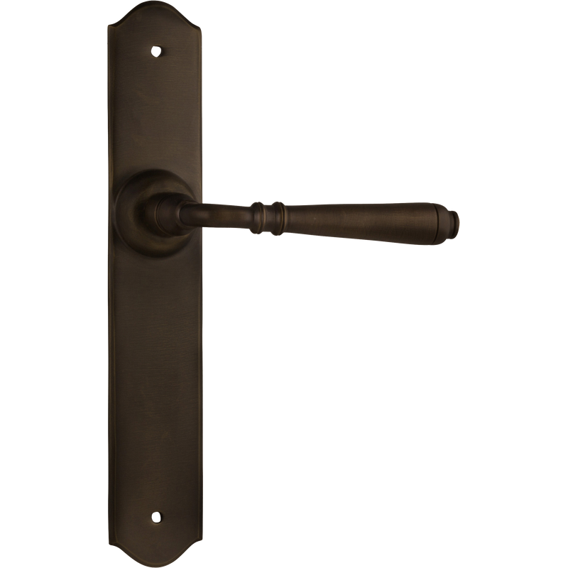 Pair of Tradco Reims lever handles on long backplates, featuring a stylish design for interior door hardware.