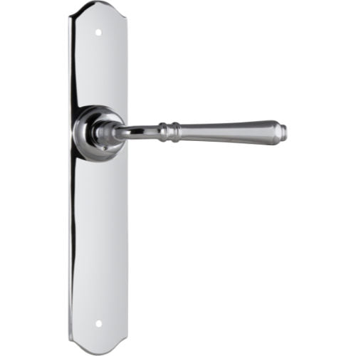Pair of Tradco Reims lever door handles on long backplates, featuring elegant design and brushed metal finish.