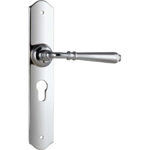 Pair of Tradco Reims lever door handles on long backplates, featuring a sleek, modern design in a brushed finish.