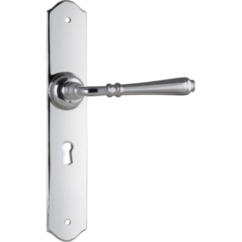 Pair of Tradco Reims Lever door handles on long backplates, featuring a classic design in a polished metal finish.