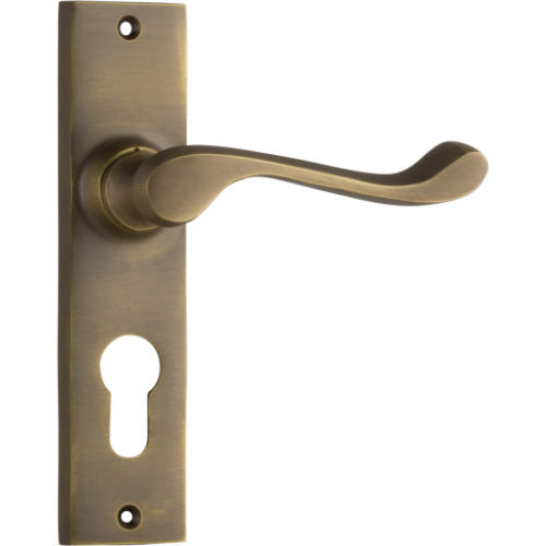 Door Lever Fremantle Euro Pair Antique Brass H150xW35xP50mm in Antique Brass