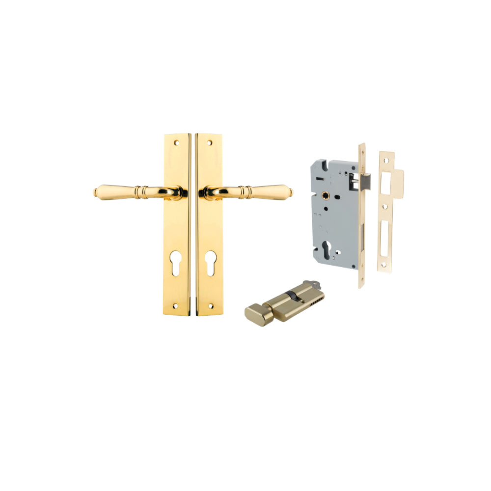 Pair of Iver Sarlat lever handles on rectangular backplates, featuring a sleek, modern design for doors.