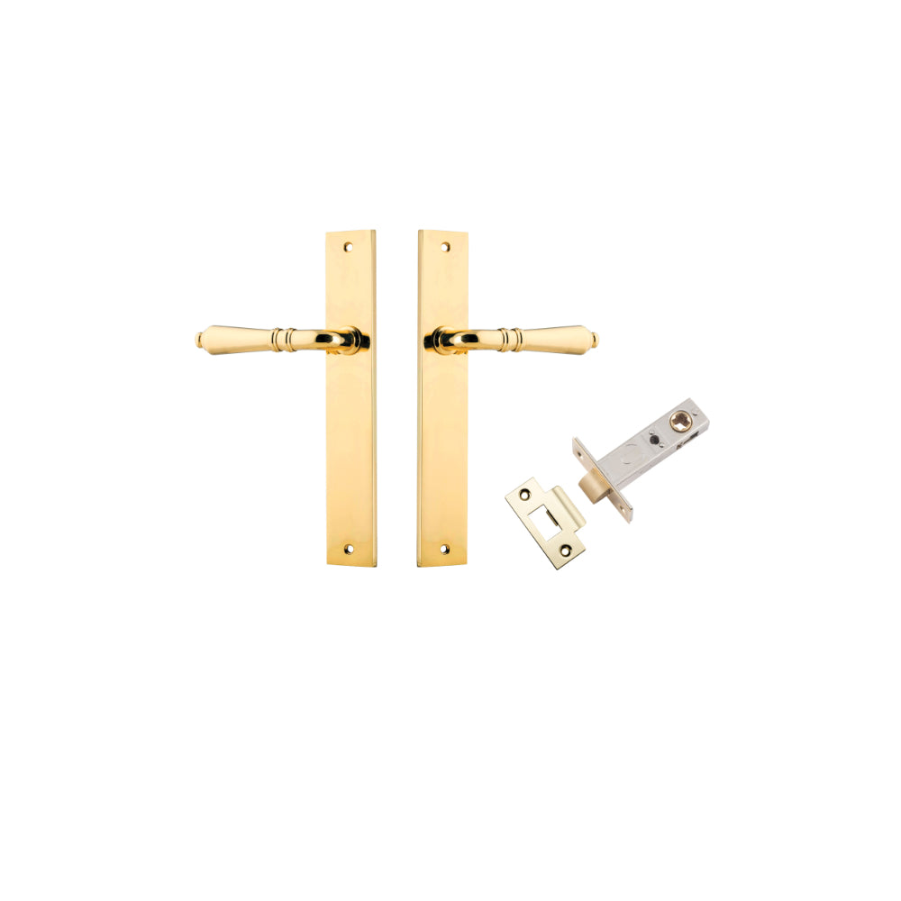 Pair of Iver Sarlat lever handles with rectangular backplates, featuring a sleek, modern design for interior doors.