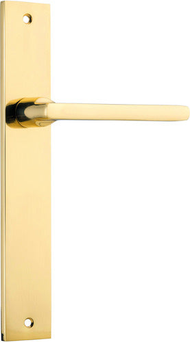 Pair of Iver Baltimore lever door handles on rectangular backplates, featuring a sleek, modern design in a polished finish.