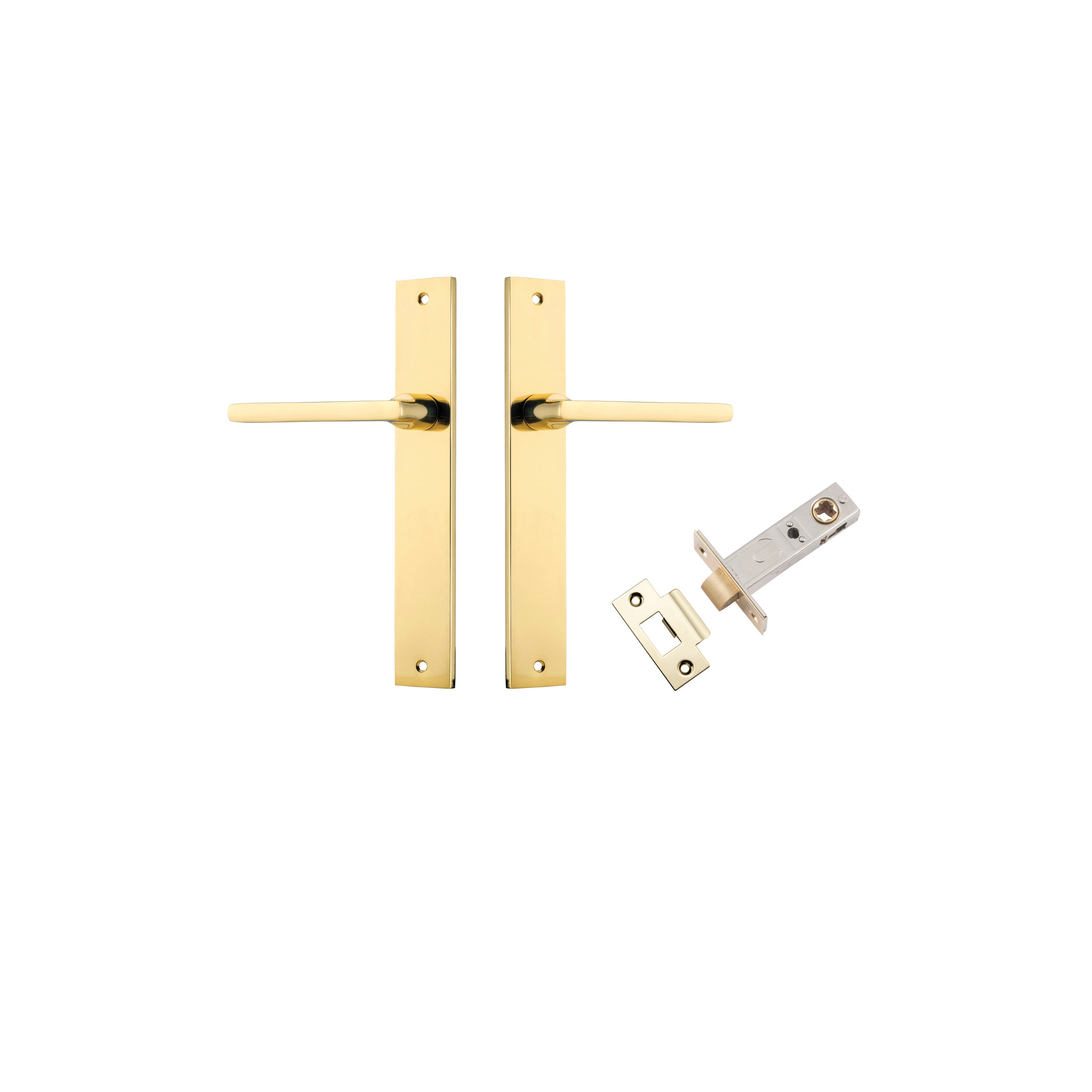 Pair of Iver Baltimore lever door handles on rectangular backplates, showcasing sleek modern design and polished finish.