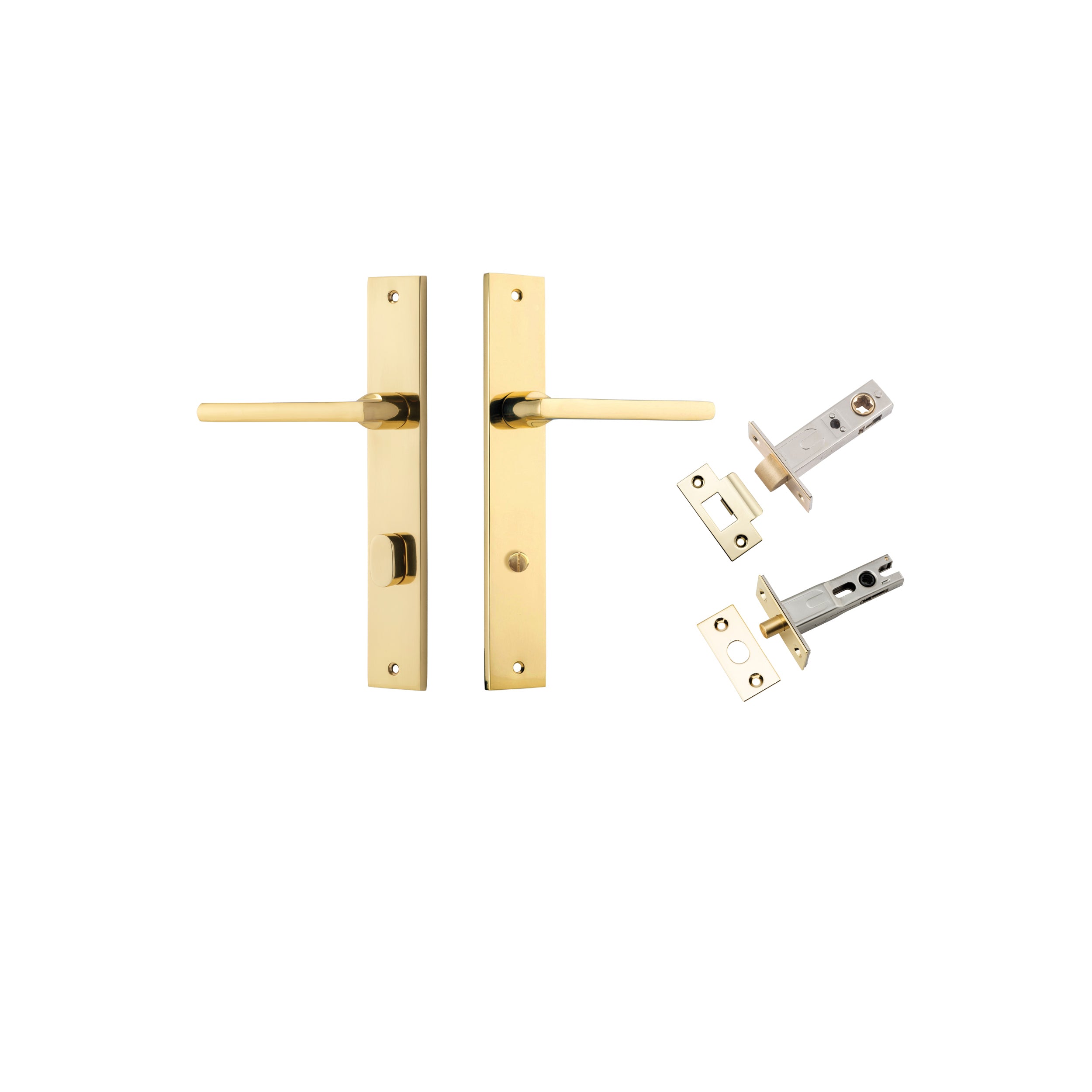 Pair of Iver Baltimore lever door handles on rectangular backplates, showcasing polished brass finish and modern hardware design.