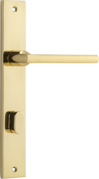 Pair of Iver Baltimore lever door handles on rectangular backplates, showcasing sleek modern design and polished metallic finish.