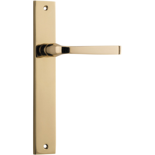 Pair of Iver Annecy lever door handles with rectangular backplates, featuring sleek, modern design in a polished finish.