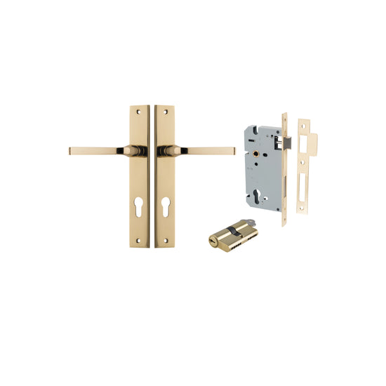 Door Lever Annecy Rectangular Euro Polished Brass CTC85mm H240xW38xP65mm Entrance Kit, Mortice Lock Euro Polished Brass CTC85mm Backset 60mm, Euro Cylinder Dual Function 5 Pin Polished Brass L65mm KA1 in Polished Brass