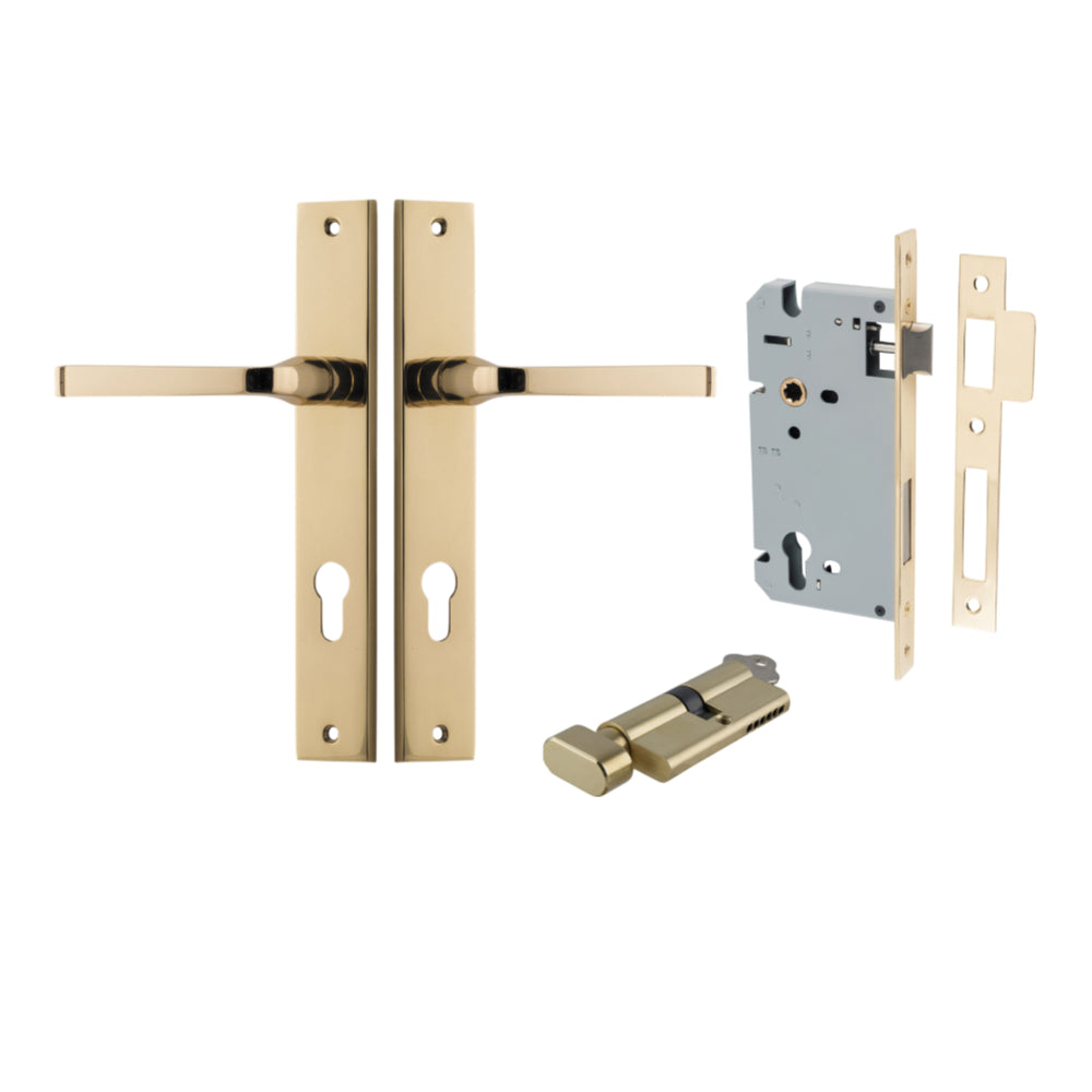 Pair of Iver Annecy lever door handles on rectangular backplates, polished metal finish, modern design for interior doors.