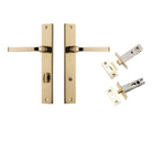 Door Lever Annecy Rectangular Privacy Polished Brass CTC85mm H240xW38xP65mm Inbuilt Privacy Kit, Tube Latch Split Cam 'T' Striker Polished Brass Backset 60mm, Privacy Bolt Round Bolt Polished Brass Backset 60mm in Polished Brass