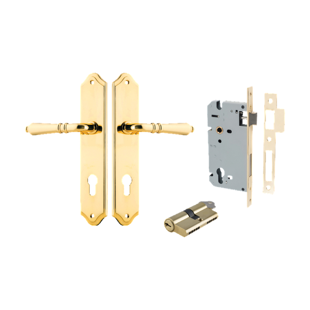 Door Lever Sarlat Shouldered Euro Polished Brass CTC85mm H250xW48xP57mm Entrance Kit Mortice Lock Euro Polished Brass CTC85mm Backset 60mm, Euro Cylinder Dual Function 5 Pin Polished Brass L65mm KA1 in Polished Brass