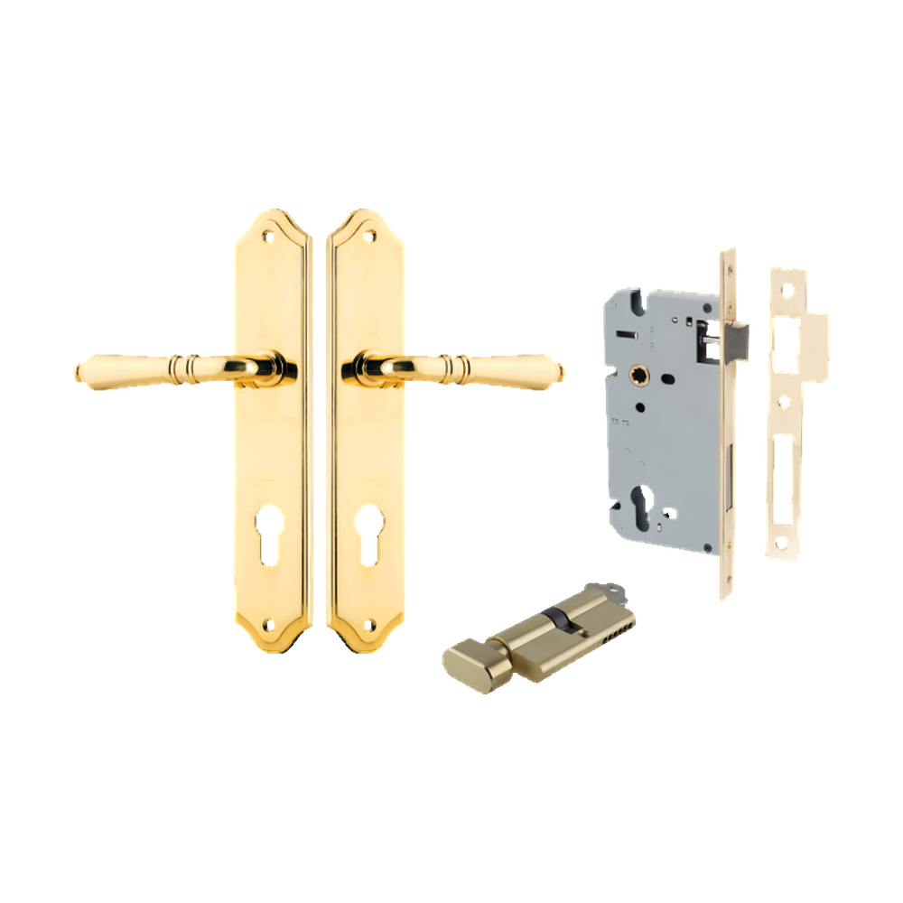 Door Lever Sarlat Shouldered Euro Polished Brass CTC85mm H250xW48xP57mm Entrance Kit Mortice Lock Euro Polished Brass CTC85mm Backset 60mm, Euro Cylinder Key Thumb 6 Pin Polished Brass L70mm KA1 in Polished Brass