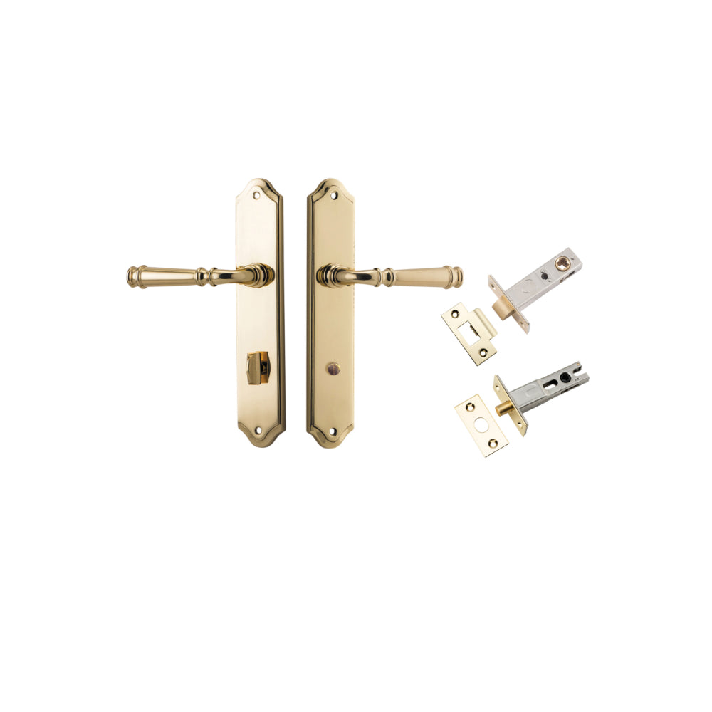 Door Lever Verona Shouldered Privacy Polished Brass CTC85mm H240xW50xP59mm Inbuilt Privacy Kit Tube Latch Split Cam 'T' Striker Polished Brass Backset 60mm, Privacy Bolt Round Bolt Polished Brass Backset 60mm in Polished Brass