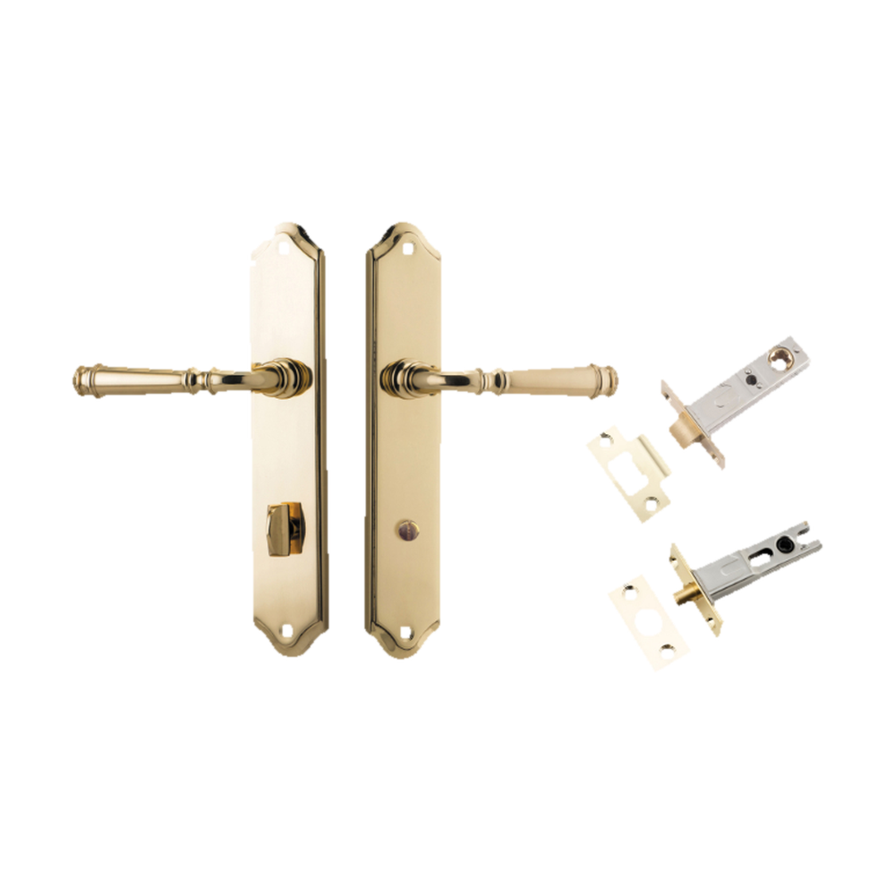 Door Lever Verona Shouldered Privacy Polished Brass CTC85mm H240xW50xP59mm Inbuilt Privacy Kit Tube Latch Split Cam 'T' Striker Polished Brass Backset 60mm, Privacy Bolt Round Bolt Polished Brass Backset 60mm in Polished Brass