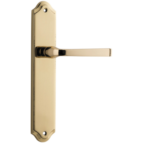 Pair of Iver Annecy lever handles on shouldered backplates, featuring elegant design and polished finish for door hardware.