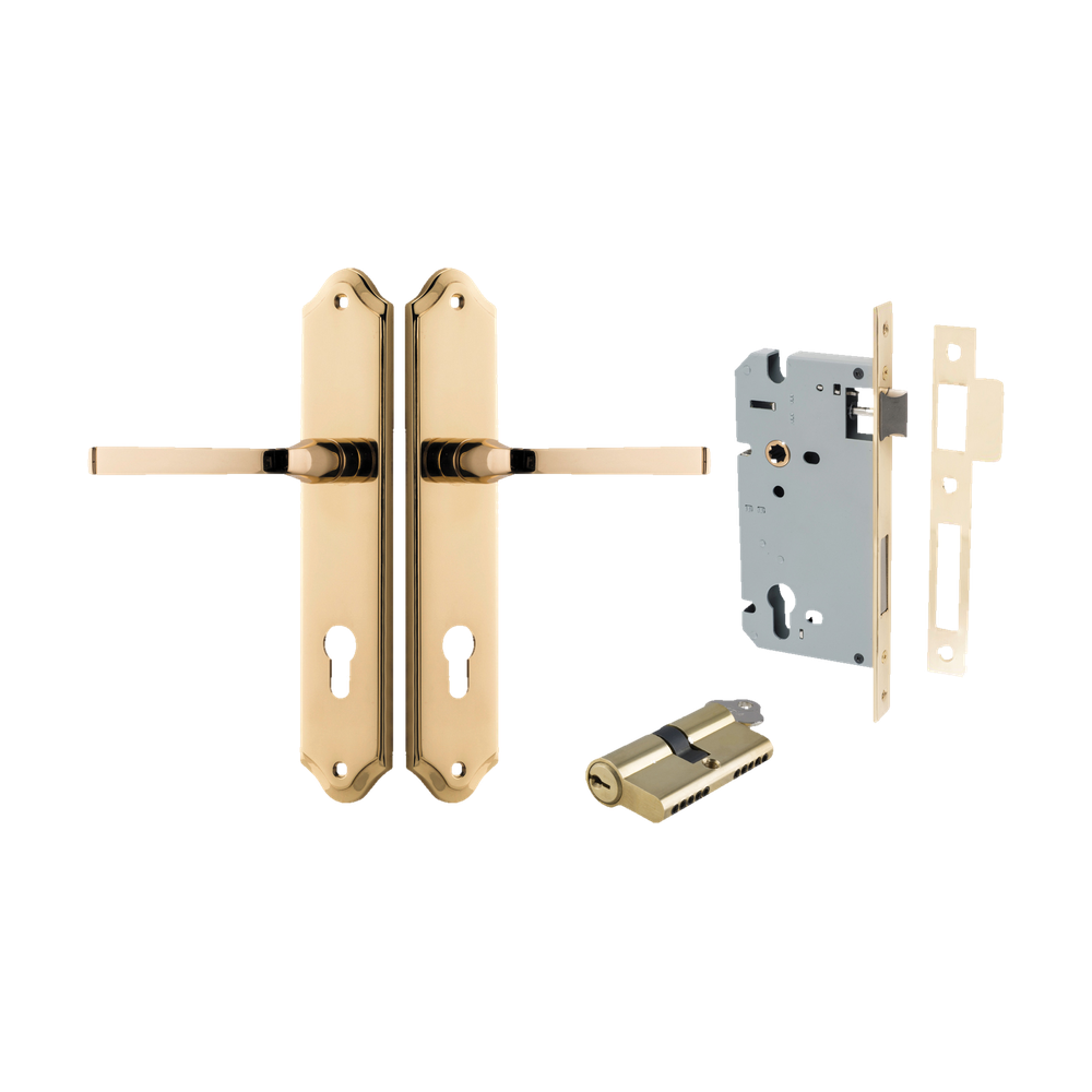 Door Lever Annecy Shouldered Euro Polished Brass CTC85mm H240xW50xP65mm Entrance Kit Mortice Lock Euro Polished Brass CTC85mm Backset 60mm, Euro Cylinder Dual Function 5 Pin Polished Brass L65mm KA1 in Polished Brass