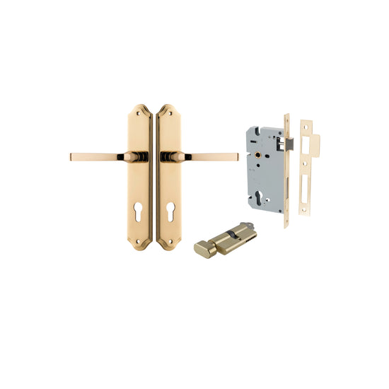 Door Lever Annecy Shouldered Euro Polished Brass CTC85mm H240xW50xP65mm Entrance Kit, Mortice Lock Euro Polished Brass CTC85mm Backset 60mm, Euro Cylinder Key Thumb 6 Pin Polished Brass L70mm KA1 in Polished Brass