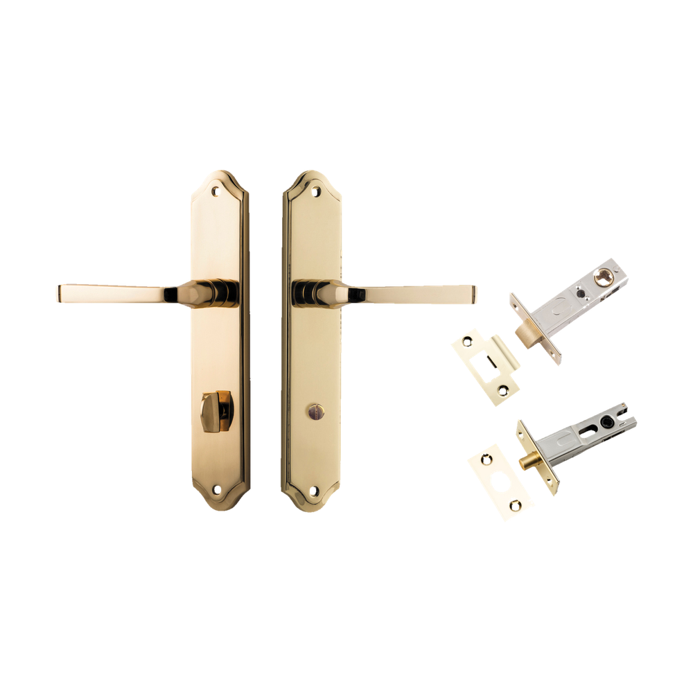 Door Lever Annecy Shouldered Privacy Polished Brass CTC85mm H240xW50xP65mm Inbuilt Privacy Kit Tube Latch Split Cam 'T' Striker Polished Brass Backset 60mm, Privacy Bolt Round Bolt Polished Brass Backset 60mm in Polished Brass