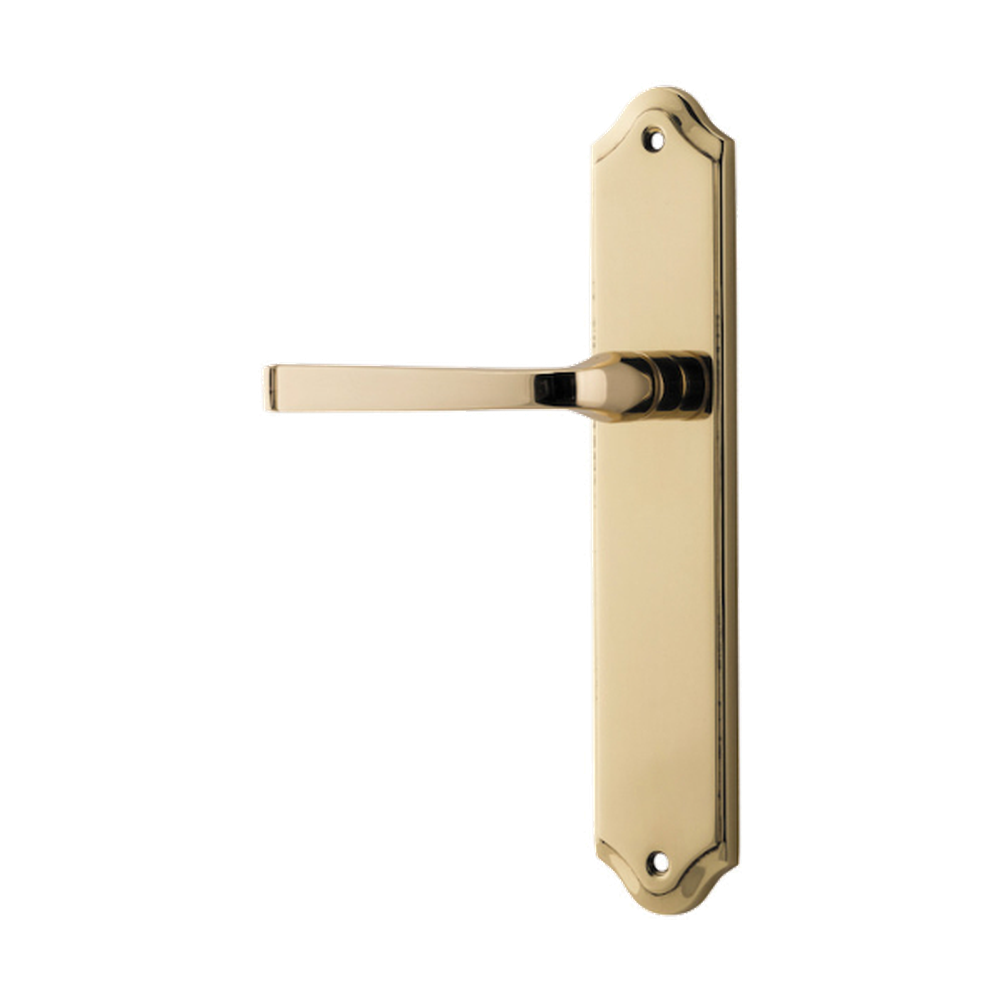 Door Lever Annecy Shouldered Latch Left Hand Fixed Polished Brass L117xP65mm BPH250xW48mm in Polished Brass