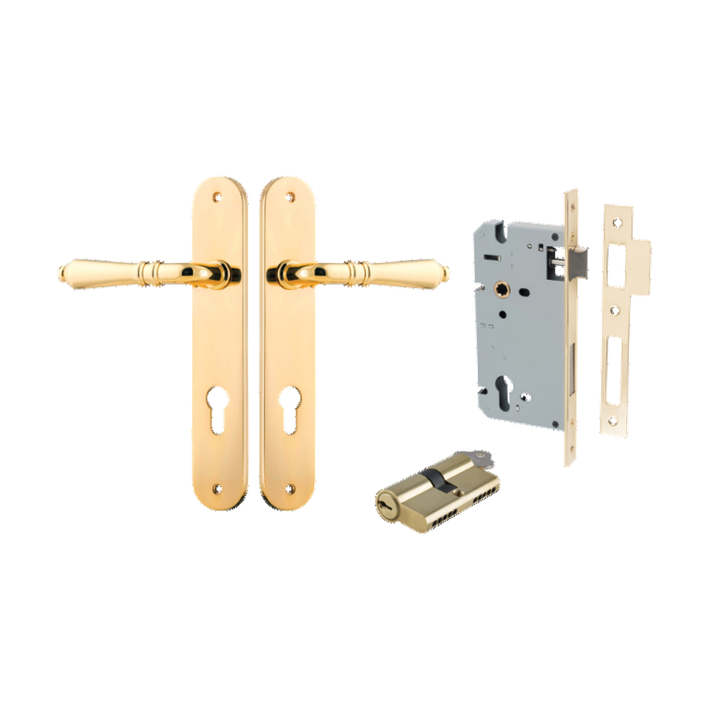Door Lever Sarlat Oval Euro Polished Brass CTC85mm H240xW40xP55mm Entrance Kit Mortice Lock Euro Polished Brass CTC85mm Backset 60mm, Euro Cylinder Dual Function 5 Pin Polished Brass L65mm KA1 in Polished Brass