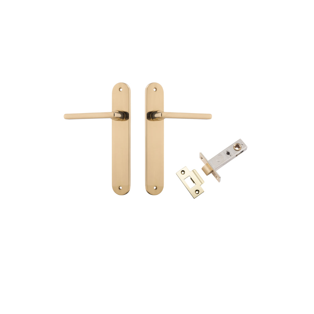 Pair of Iver Baltimore lever door handles on oval backplates, featuring a sleek, modern design in a polished finish.